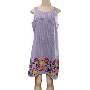 MSK Blue and White Striped Floral Embroidered Hem Sleeveless Dress Size Large